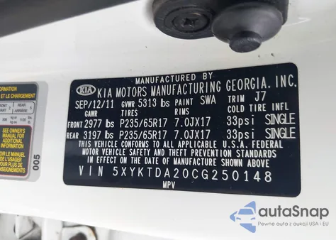 2012 Kia Sorento Lx V6 z USA, uszkodzony, nr VIN 5XYKTDA20CG250148